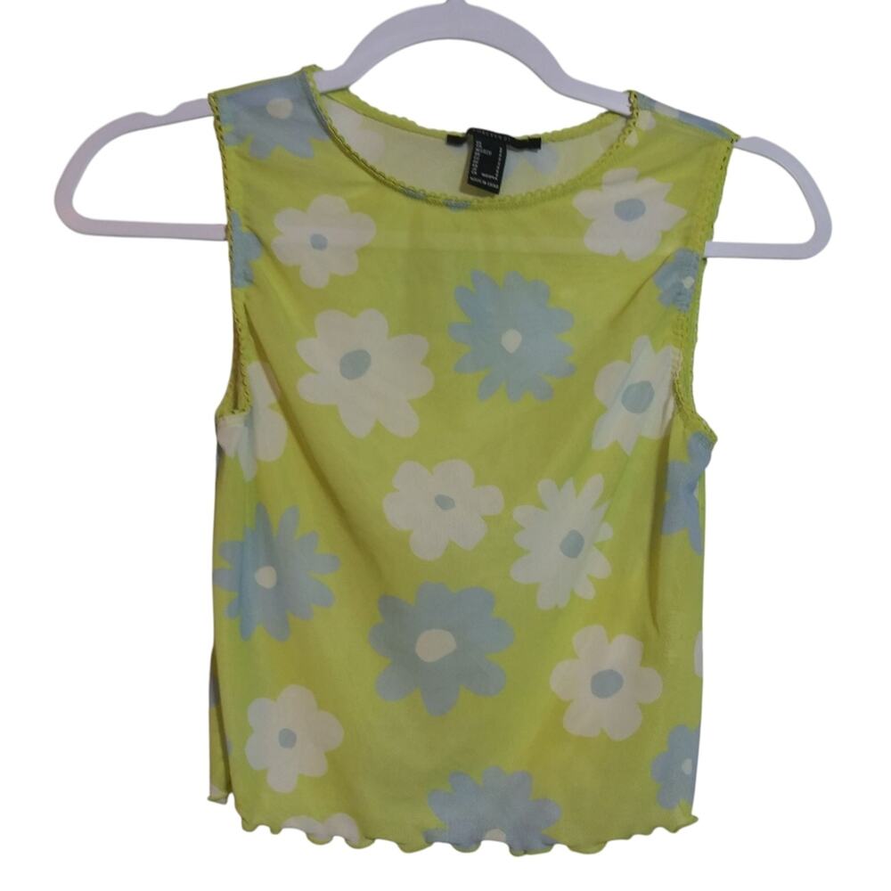 Forever 21 Neon Yellow Mesh Retro Daisy Sleeveless Crop Top Size Small